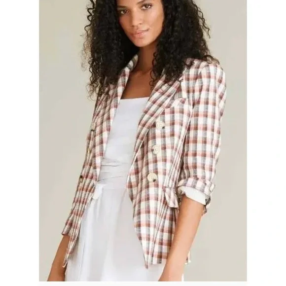 Joie Blazer Womens Medium Brown Anilah Empire Plaid Double Breasted Jacket - Picture 1 of 8